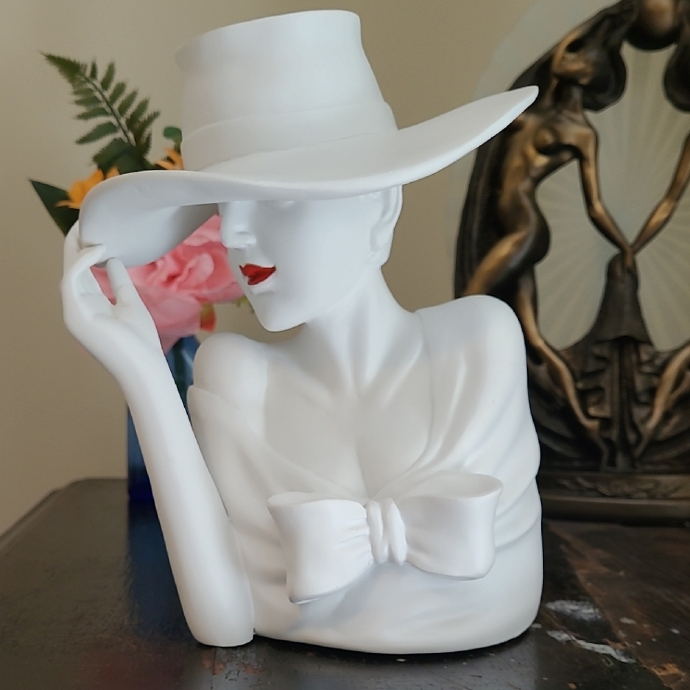 Elegant White Ceramic Lady Bust with Hat